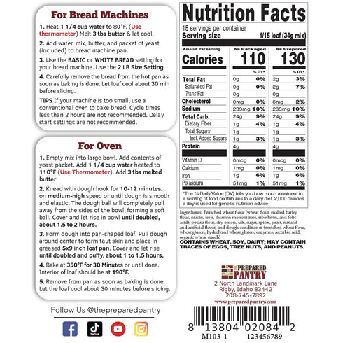 Pack; The Prepared Pantry Southwest Potato Bread Mix; Single For Bread Machine or Oven