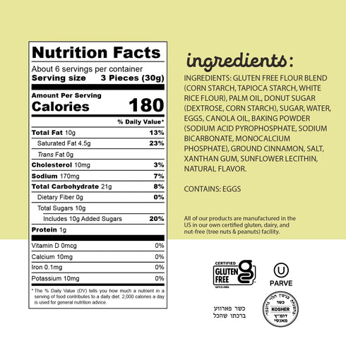 6oz (6pk) Katz Gluten Free Cinnamon Donut Holes. Perfect School Snack Bites. Free of Soy, Sesame, Dairy, and Nuts.