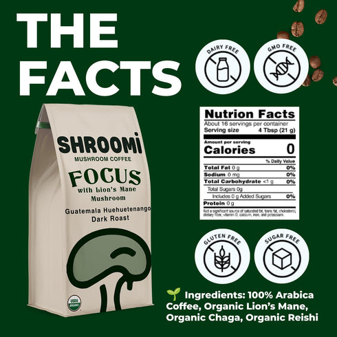 16,000mg 10oz Shroomi Award-Winning Mushroom Focus Coffee - Lions Mane Blend | Organic Brain Coffee Ground with Reishi