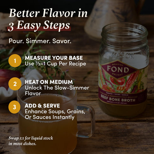 Slow-Simmered 14 oz (4-Pack) FOND Regenerative Grass Fed Beef Bone Broth Infused with Organic Tomato & Thyme Beef Broth