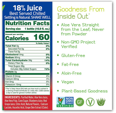 16.9 oz, Pack 12 ALO Aloe Vera Juice Drink | BLUE - Aloe Vera + Blueberry | fl of | Plant-Based Drink with Real Aloe