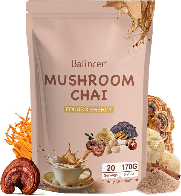 Balincer Mushroom Chai, 6 Adaptogenic Mushrooms (Lion's Mane, Cordyceps, Turkey Tail &