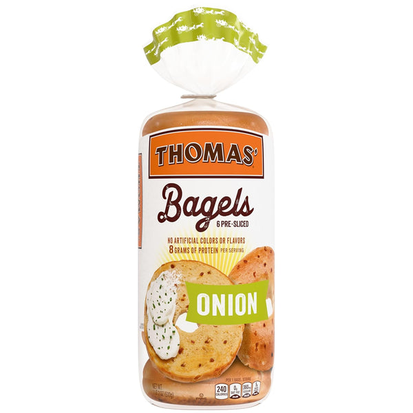 THOMAS' Onion Bagels, 6 count, (3.0 oz each), 8g Protein, Kosher Bagels, 18