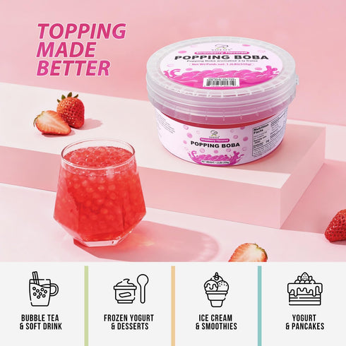 550g Frozen Soeos Strawberry Popping Boba, Bursting Boba Pearls for Bubble Tea, Yogurt, Desserts & Drinks