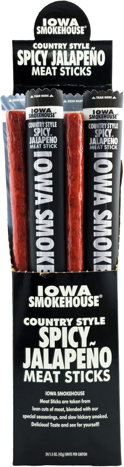 IOWA SMOKEHOUSE Country Style Meat Sticks, Spicy Jalapeno - 24 Individually Wrapped