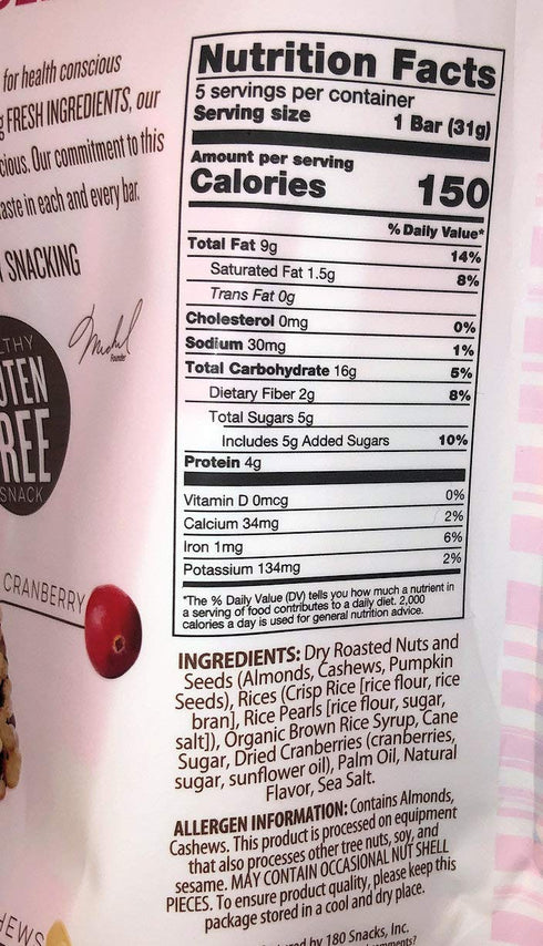 180 Snacks Fruit Nut & Seed Crunch Bar, 1 Pack, 5 Snack Bars (Cranberry)