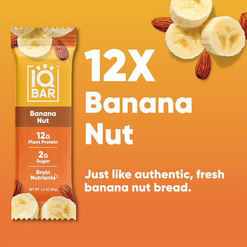 12 Count IQBAR Clean Plant Protein Bars - Banana Nut - - Keto, Vegan, High Fiber, Gluten and Dairy Free, Low Sugar
