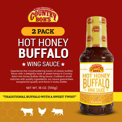 Country 18oz (Pack 2) Bob's Hot Honey Buffalo Wing Sauce - Traditional Buffalo with Sweet Twist, Small Batch, Ideal