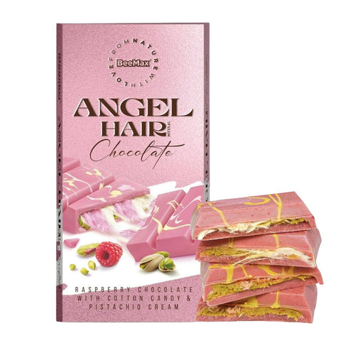 BEEMAX Angel Hair Dubai Chocolate Bar, Raspberry White with Pistachio Cream &