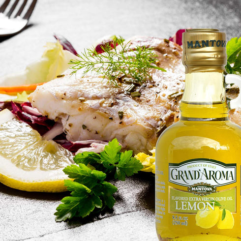 100% 8.5 oz (Pack 2). Mantova GrandAroma Lemon Flavored Extra Virgin Olive Oil, made in Italy, cold-pressed, natural
