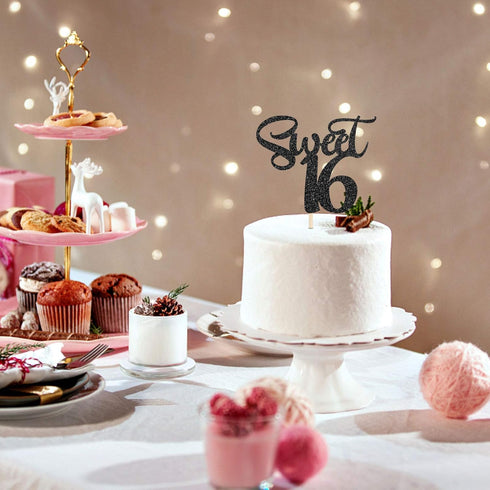 Black Glitter Sweet 16 Cake Topper, Happy 16th Birthday Decor, Cheers to 16 Years, 16th Wedding Anniversary Supplies