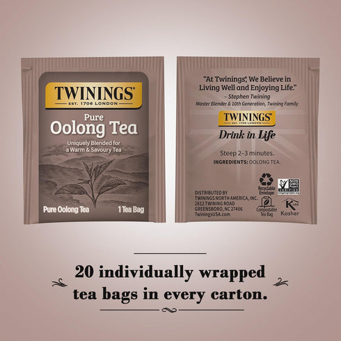 2-Pack 20 Count Twinings Pure Oolong Tea Golden Caffeinated Tea, Individually Wrapped Tea Bags, Each