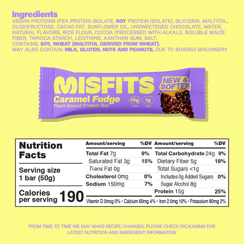 Misfits High Protein Bar, Caramel Fudge, Gluten Free, Non GMO, Plant Based Vegan Protein Bar, Low Sugar, High Fiber
