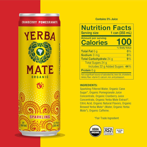 12 Oz, 80mg Guayak Yerba Mate, Sparkling Energy Drink Alternative, Organic Cranberry Pomegranate Flavor, Natural