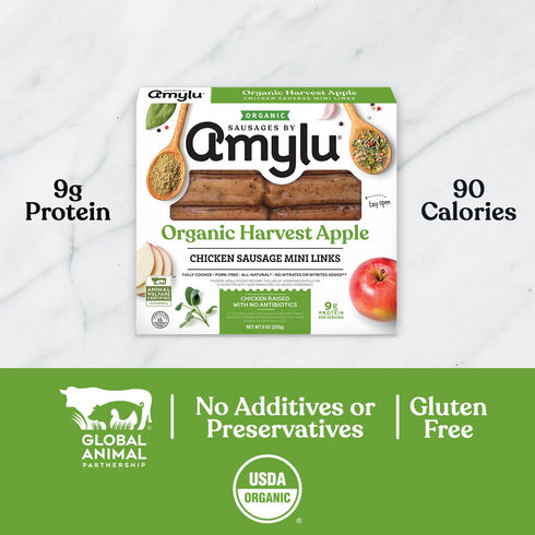 9g 9 oz Amylu Foods Organic Harvest Apple Breakfast Sausages, Natural Ingredients, of Protein, Chicken Raised with No