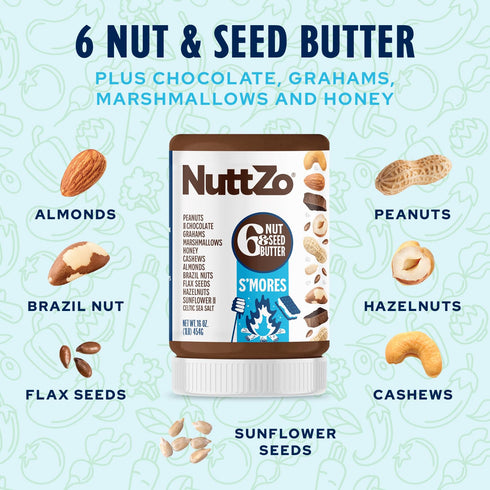 16oz 5g 6g NuttZo Smores Nut & Seed Butter | Creamy Blend with Peanuts, Cashews, Almonds, Graham Crackers, Dark