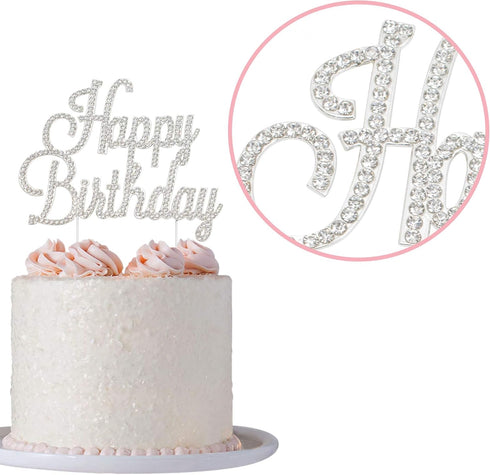 Happy Birthday Cake Topper - Premium Silver Metal, Sparkly Rhinestone Decoration for Party Centerpiece, Now Protected