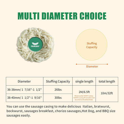 Sausage-10M/32ft, 36-38mm Edible Natural Hog Sausage Casing, Grade A Pre-Tubed Sausage Casings for Home Sausage