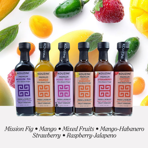 60ml 6 pack. 100% Kouzini Fruit Vinegar Variety No artificial flavors, no natural flavors, no preservatives. real