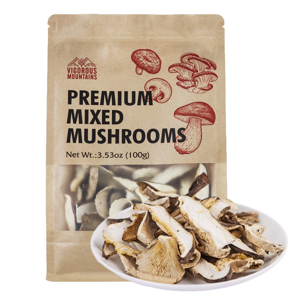 VIGOROUS MOUNTAINS Dried Mixed Mushrooms Blend - Porcini, Shiitake, Oyster & Champignon, 3.53oz (100g)