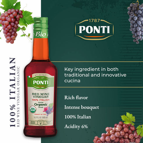 100% 16.9 oz Ponti Italian Red Wine Vinegar for Cooking - Organic Red Wine Vinegar with Balanced Acidity & Harmonious