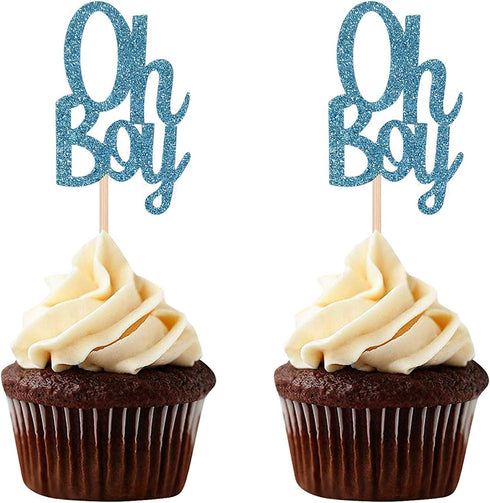 24 CT Blue Glitter Oh Boy Cupcake Toppers, Baby Shower Birthday Party Decoration Picks