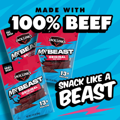 (10 Pack) 1.25 oz 13g 100% Jack Link's x MrBeast Original Beef Jerky - Bags - Ready to Eat Protein Snacks - Protein per