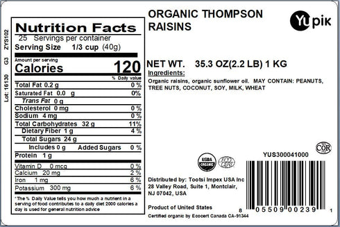 2.2 lb (35.2 oz), Yupik Organic Thompson Raisins, Gluten-Free, Kosher, Non-GMO, Vegan, Dried Fruits, Naturally Sweet