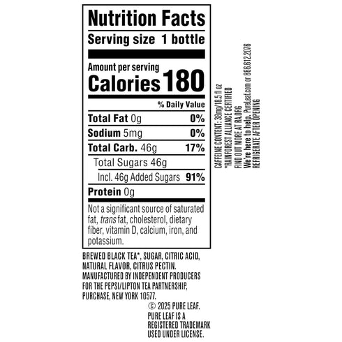 18.5 Oz (Pack 12) Pure Leaf Iced Tea, Raspberry, Real Brewed Tea, Fl Bottles