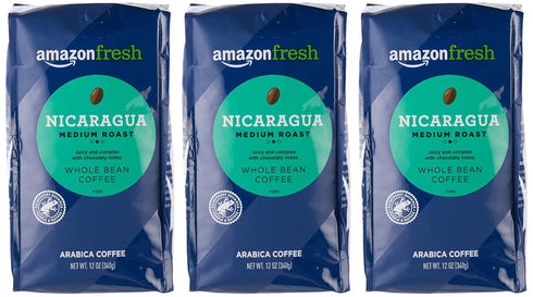 Amazon Fresh 12 (Pack 3) , Nicaragua Whole Bean Coffee, Medium Roast, Ounce