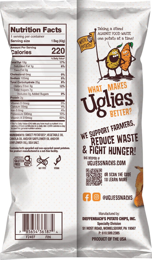 1.5 Oz. Pack 12 UGLIES Sweet Potato Kettle-Cooked Potato Chips, Gluten-Free Snacks, Kosher-Friendly Chips, Non-GMO