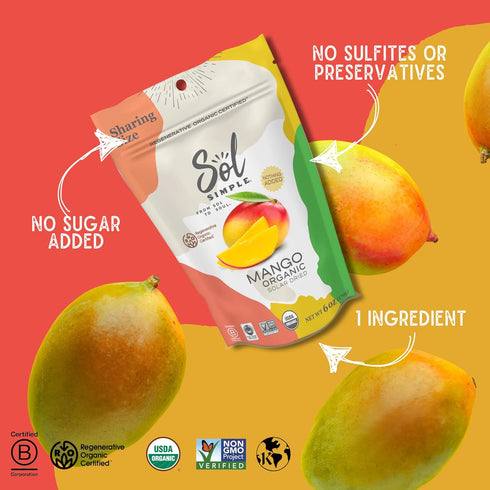 6oz Pack (2 SOL SIMPLE Organic Dried Mango | Snack Bags Total) | One Ingredient | Vegan | Non-GMO | No Added Sugar |
