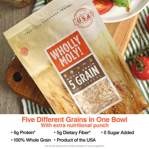 5 Wholly Moly! Grains Cereal, Multi-Grain Oatmeal of rye, barley, oats, wheat and Khorasan wheat, High Fiber, No Sugar