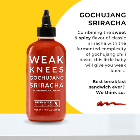 10.5oz Weak Knees Gochujang Sriracha Hot Sauce, Infused with Bold Korean Gochujang Paste & Classic Spicy Sriracha, Made