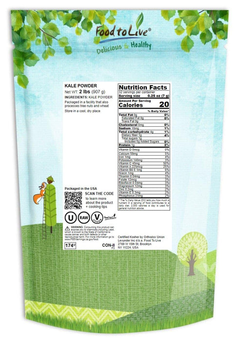 2 Food to Live Kale Powder, Pounds - Made from Raw Dried Whole Leaves, Kosher, Vegan, Bulk, Great for Baking, Juices