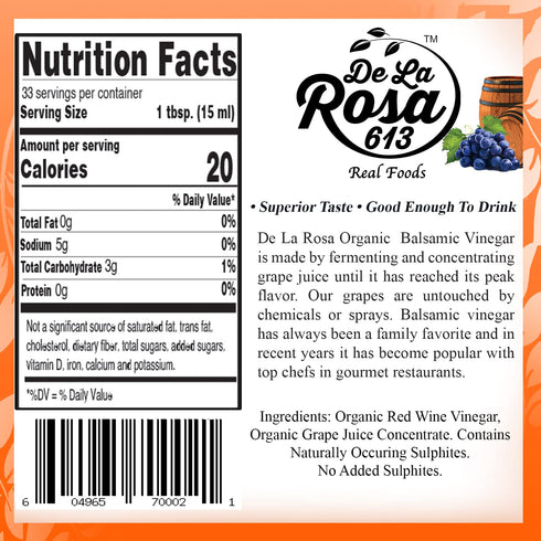 16.9 oz (Pack 1) De La Rosa Organic Balsamic Vinegar, Kosher for Passover, Vegan & Gluten Free, Balsamic Vinegar