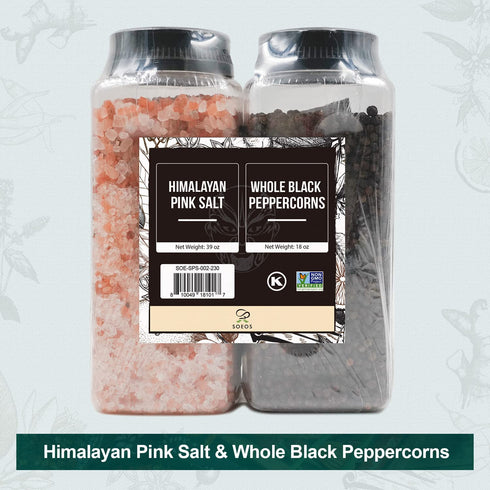 Soeos Himalayan Pink Salt 39 oz + Whole Black Peppercorns 18 oz - Kosher Bulk Spice Seasoning Set for Cooking