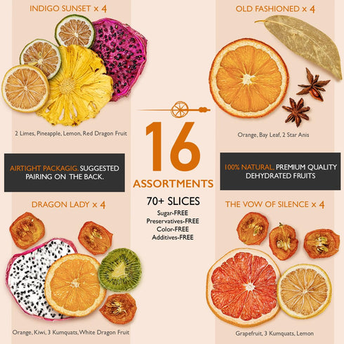SET, 100% (70 8 Cocktail Garnish, PREMIUM GIFT with COCKTAIL PICKS I Natural Dehydrated fruits I Home Bar, Barware