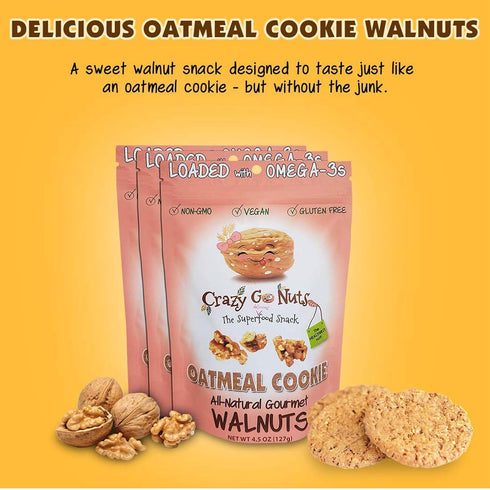 3 4.5 oz, 3-Pack Crazy Go Nuts Sweet Sampler Walnuts - Healthy Snacks, Gluten Free, Natural Superfood, Omega Fatty