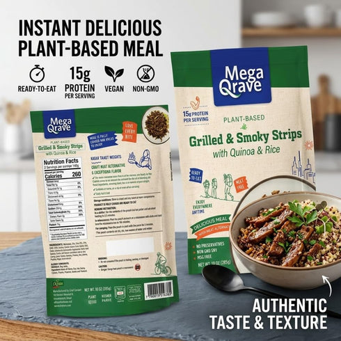 Mega Qrave 10 oz 15g Plant-Based Grilled & Smoky Strips with Quinoa & Rice, Ready-to-Eat Shelf-Stable Vegan Meal