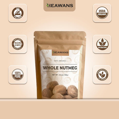 Heawans Organic Whole Nutmeg – 4.5 oz Premium Grade in Resealable Pouch
