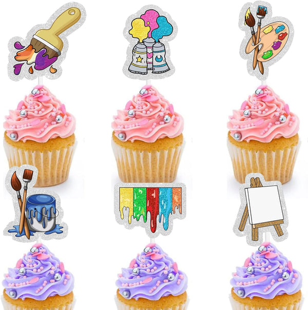 Slime Cupcake Toppers 18 pcs - Painting Themed Art Happy Birthday Decor for Boy Girl Party Supplies