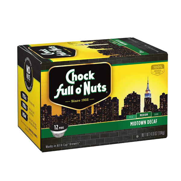 Chock Full o’Nuts Midtown Decaf Medium Roast, K-Cup Compatible Pods, 12 Count, Arabica Coffee