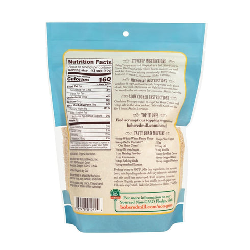 18 oz. Bob's Red Mill Oat Bran Hot Cereal, Organic, High Fiber