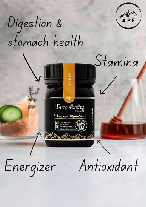 100+ 100% 8.8 oz Patagonia Mountain Honey APF by TERRA ANDES PLUS | Raw natural organic honey. Highest bioactive grade.