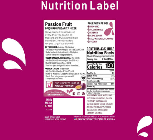 1 (33.8 Oz), Pack 3 Master of Mixes Passion Fruit Drink Mix, Ready To Use, Liter Bottle Fl