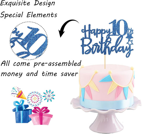 Royal Blue Glitter Happy 10th Birthday Cake Topper, Cheers to 10 Years Party Supplies