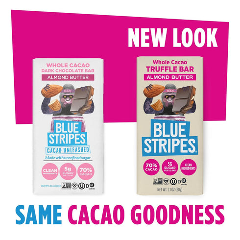 70% 2.1 OZ Blue Stripes - Almond Butter Whole Cacao Truffle Chocolate Bars, Cacao, Almond Butter, Healthy Chocolate