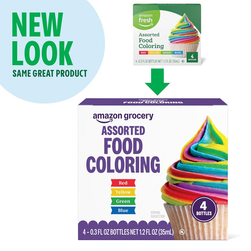 1.2 Oz Amazon Grocery, Assorted Food Coloring, Contains Red, Blue, Green, Yellow Bottles, Fl