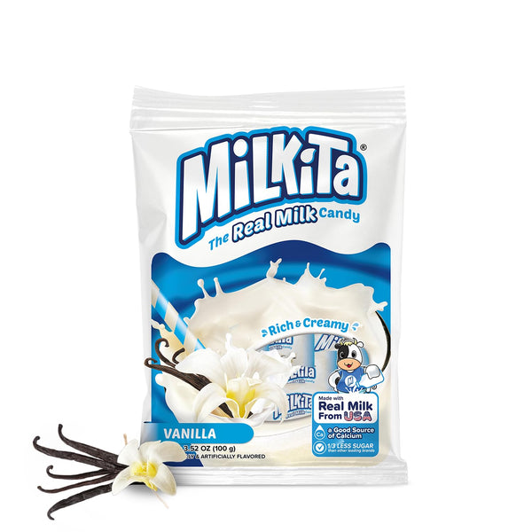 Milkita Creamy Shake Candy Bag, Gluten Free Chewy Candies with Calcium & Real Milk, Zero Trans Fat, Low-Sugar, Vanilla